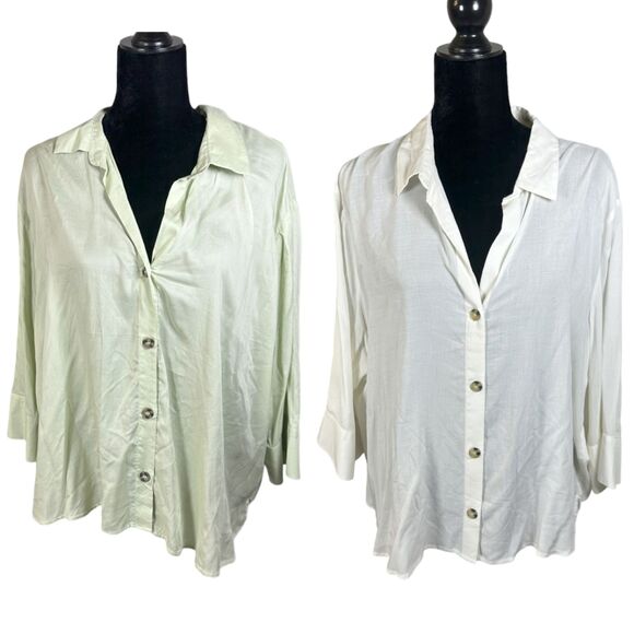 H&M Divided Semi Sheer Ivory Sage Green Button Blouses XL NEW w/ Tags (LOT of 2) - Picture 1 of 11